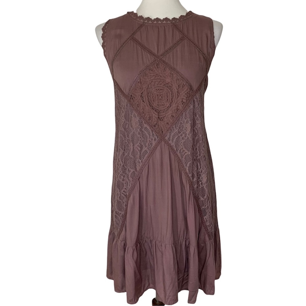 Altar’d State Brown Open Back Lace Overlay Shift Dress